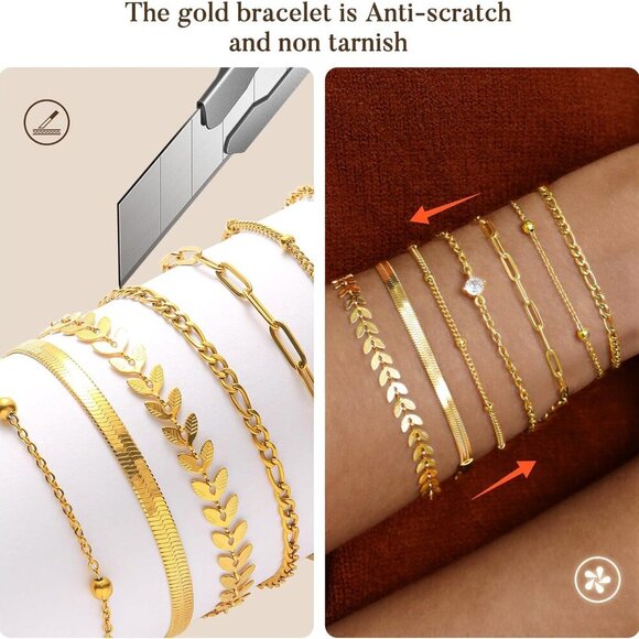 Gold Bracelets for Women Set 7 Styles Layering Hypoallergenic Waterproof - Picture 3 of 6